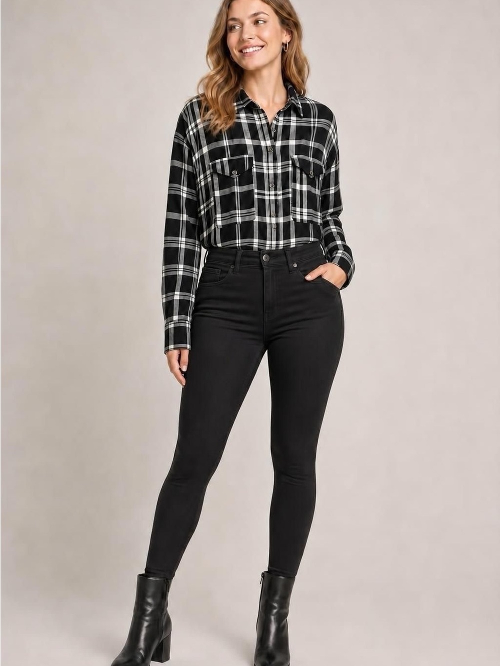 Jak&Rae Black & White Plaid Longline Shirt Jacket/Tunic top NWT SZ L